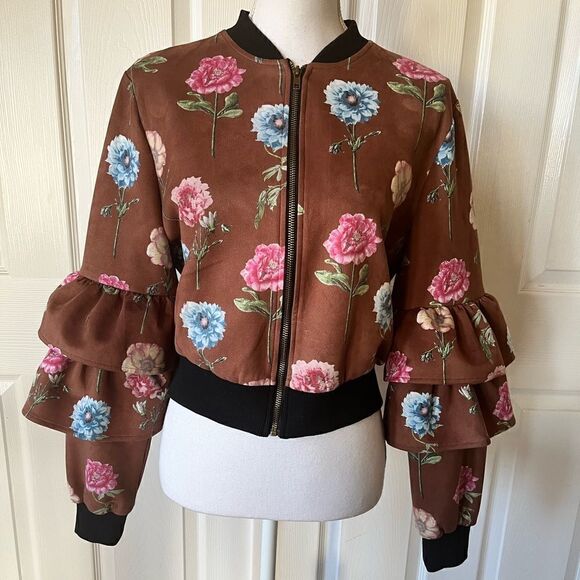 🎄Jealous Tomato Faux Suede Floral Print Crop Bomber Jacket - Picture 12 of 15